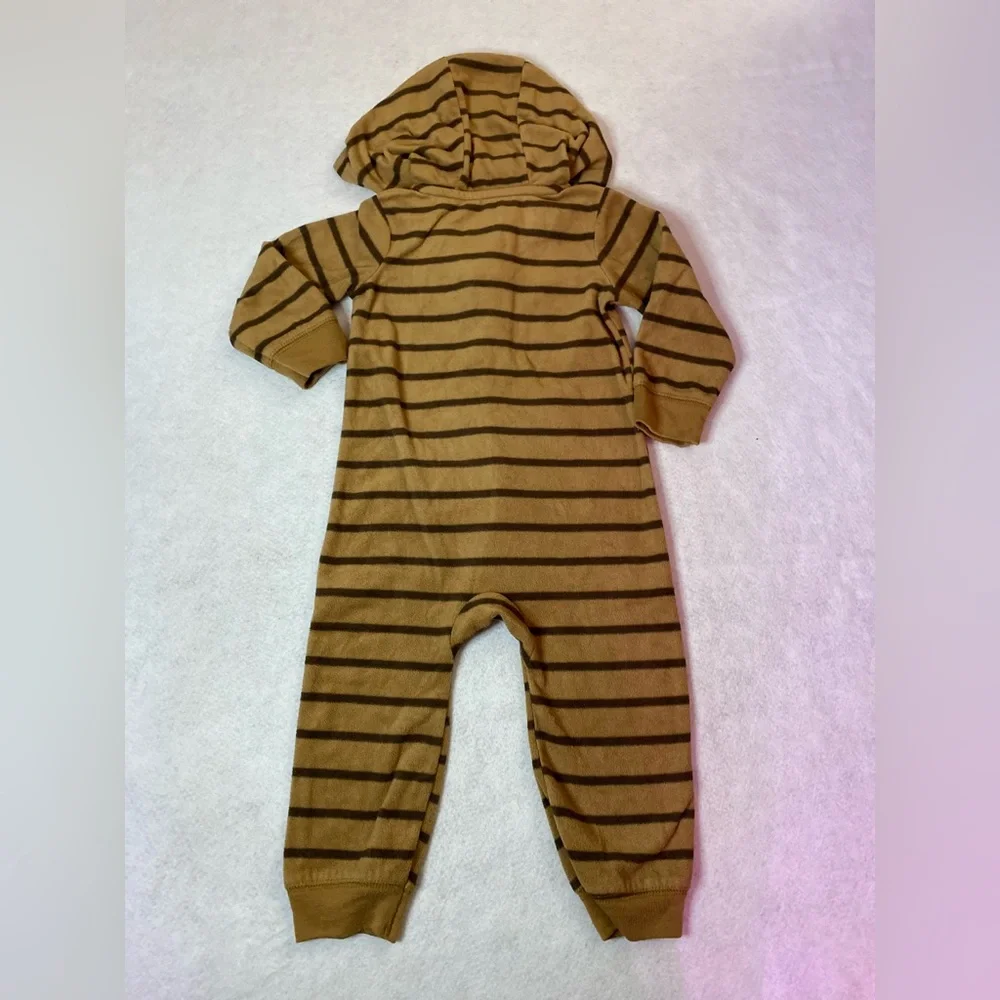 Carter's Brown Striped one piece Pajama Hood front pocket full Zipper Size 18m